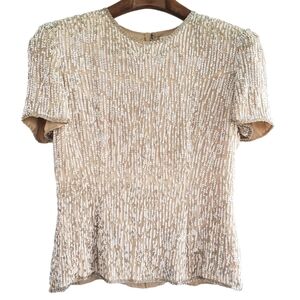 Black Tie Oleg Cassini Silk Beaded Shirt. Cream. 10